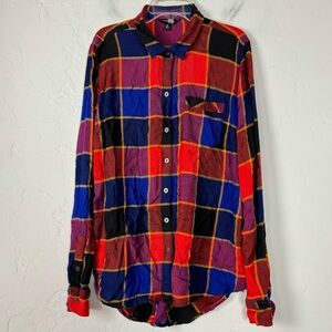 Lucky Brand Flannel Button Down‎ Shirt Top Red Blue Yellow Bold Knit Plaid Print